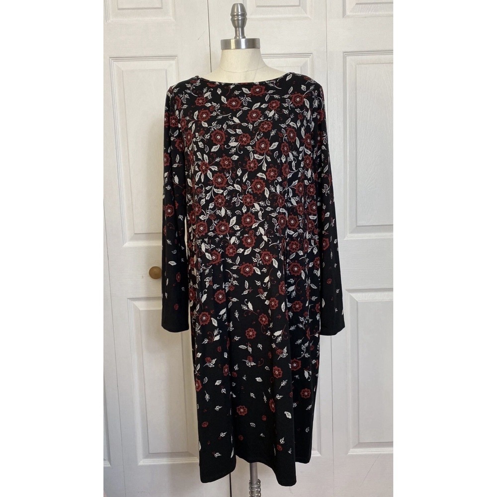 J Jill Wearever L Soft Shift Dress Floral Long Sleeve Midi Red Black Floral